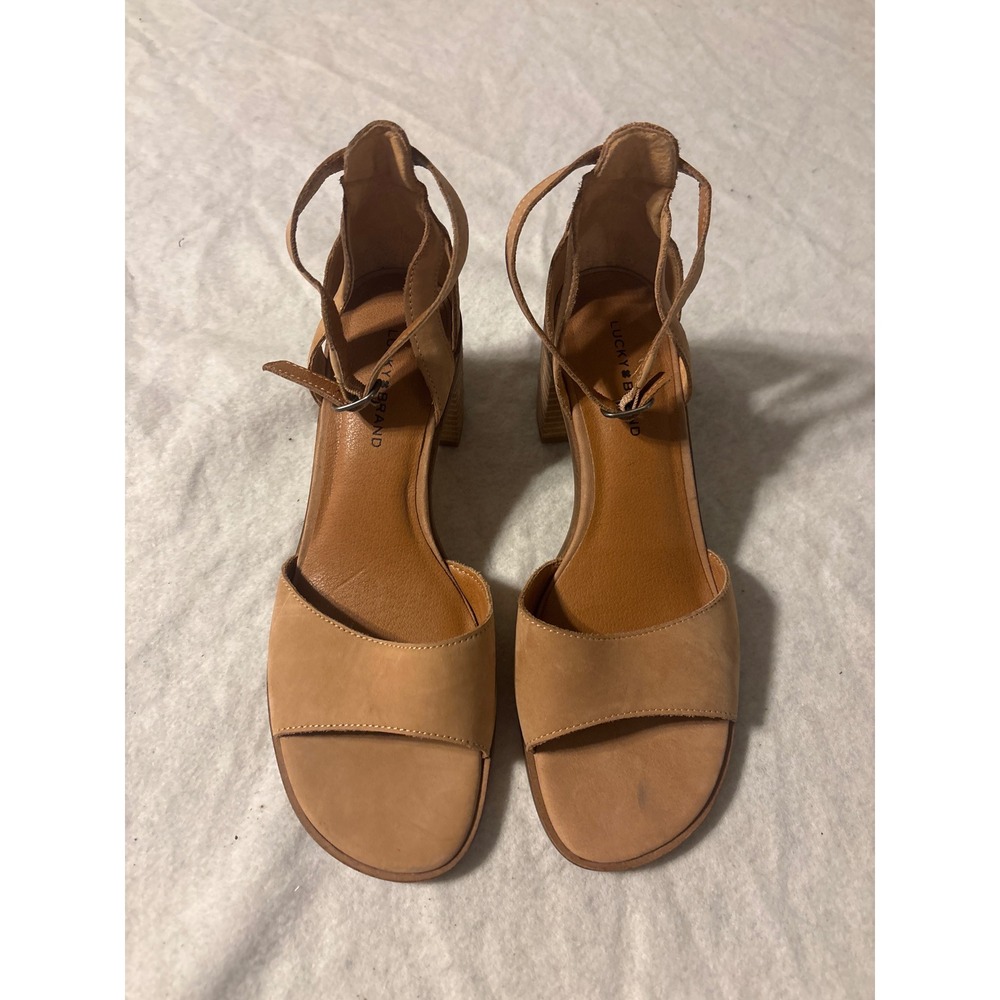 Lucky Brand Sandal Women 8.5 Tan Nubuck Leather Block Heel Ankle Strap